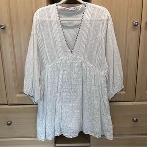 Zara Eyelet White Dress Black Trim